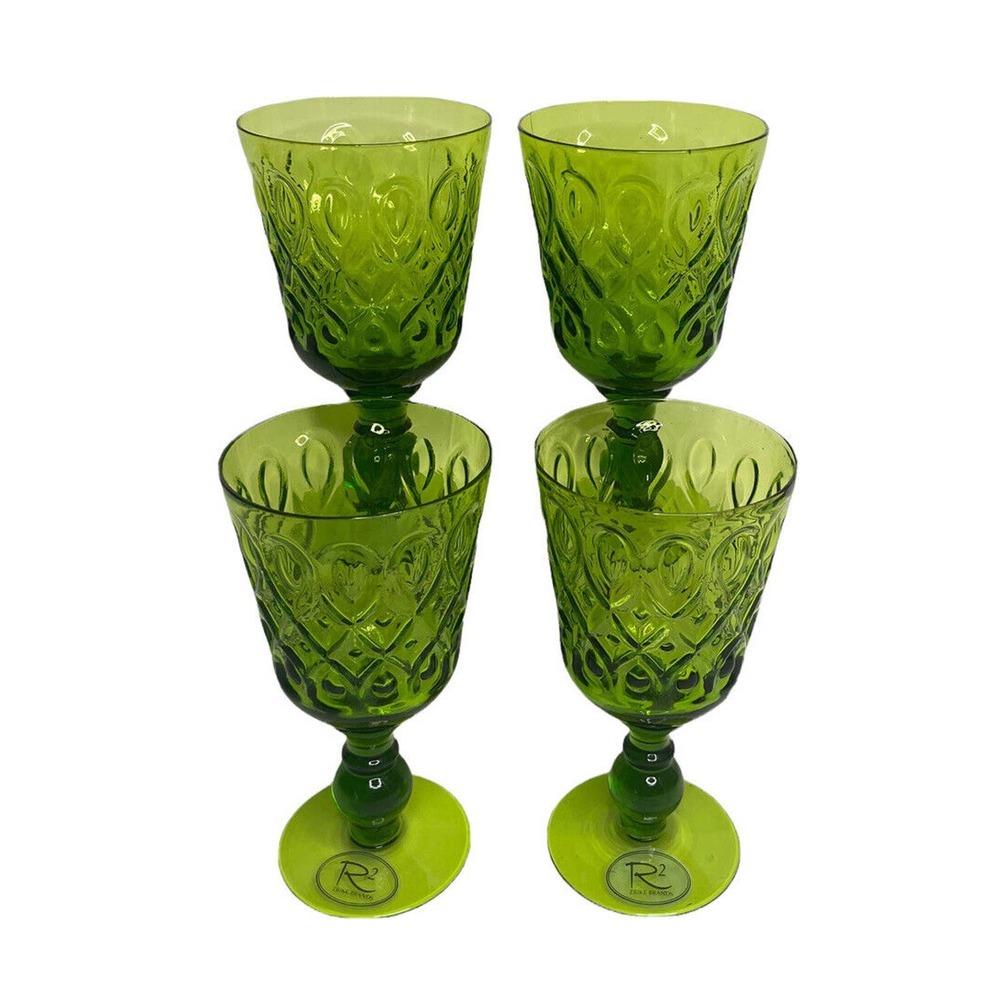 Set of 4 Zrike Brands Teardrop Pressed Glass Green Goblets 12 oz
